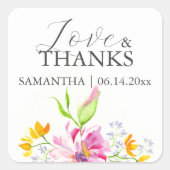 ありがとう結婚式用シール水彩ピンク花模様 スクエアシール (正面)