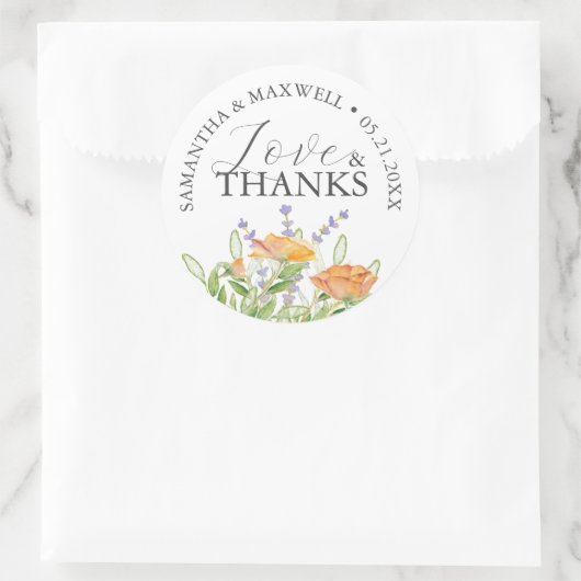 ありがとう結婚式用シール水彩ワイルドフラワー ラウンドシール (バッグ)