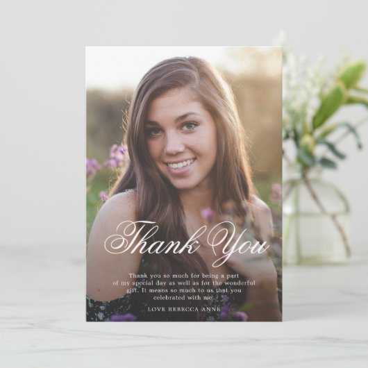 ありがとう誕生日の写真のスクリプトエレガント サンキューカード (スタンド正面)