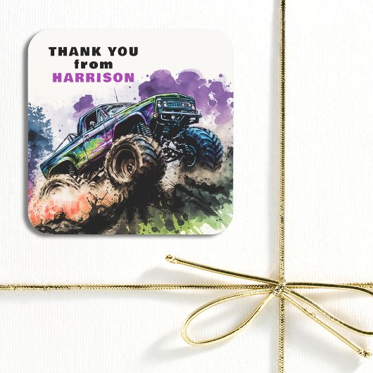 ありがとう誕生日モンスタートラックのスマッシュクラッシュボーイ スクエアシール