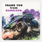 ありがとう誕生日モンスタートラックのスマッシュクラッシュボーイ スクエアシール (正面)