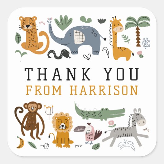 ありがとう誕生日2野生のサファリ動物の子供 スクエアシール (正面)