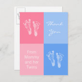 ありがとう赤ちゃんシャワー双子の男の子の足跡 案内ポストカード (正面/裏面)