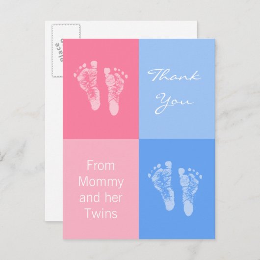 ありがとう赤ちゃんシャワー双子の男の子の足跡 案内ポストカード (正面/裏面)