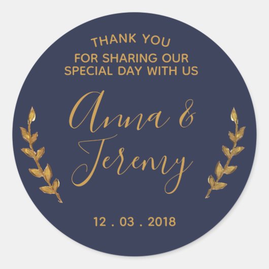 ありがとう金ゴールドとネイビーブルーフェザーステッカー ラウンドシール (正面)