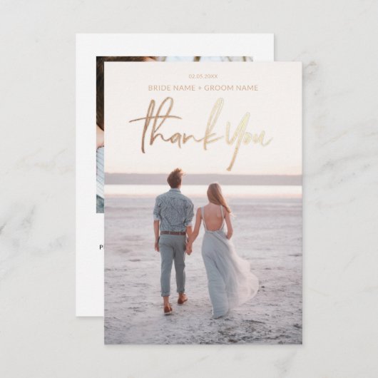 ありがとう金ゴールドホイルフェイクスクリプトウェディングカード 招待状 (正面/裏面)