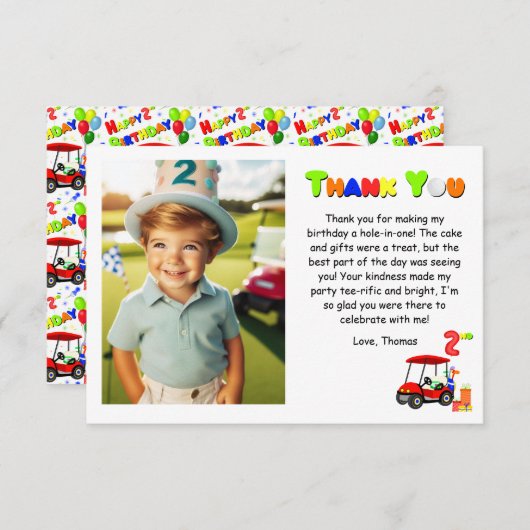 ありがとう2nd誕生日パターンレッドゴルフカート少年 サンキューカード (正面/裏面)