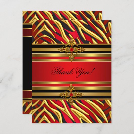 ありがとう50th誕生日パーティレッドゼブラ金ゴールドブラック サンキューカード (正面/裏面)