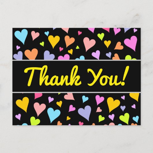 "ありがとう！";おもしろい、愛情、カラフルハートパターン ポストカード (正面)
