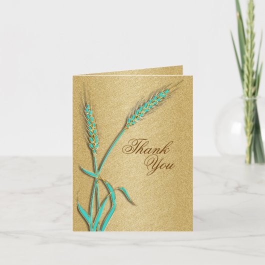 "ありがとう"アクアゴールドのウェディングテンプレート サンキューカード (正面)