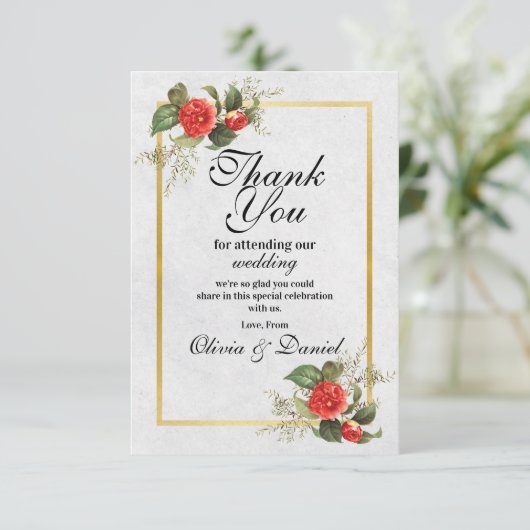 ありがとう ウェディングエンゲージメント 赤 ゴールド フェスティブ サンキューカード (スタンド正面)
