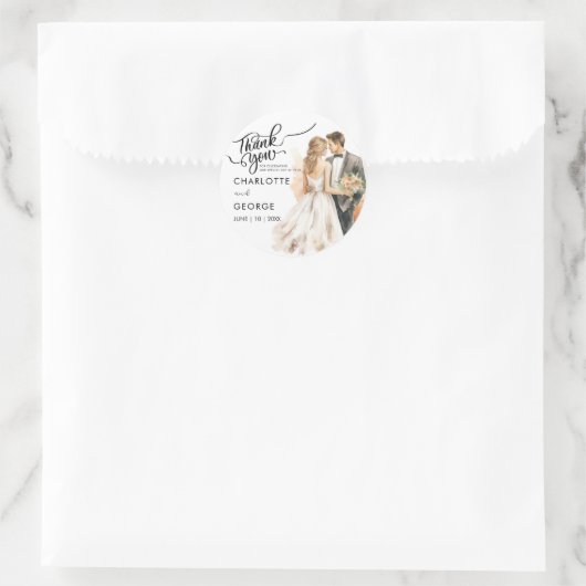 ありがとう ウェディング ブライド グルーム バック ウォーターカラー クラシック ラウンドシール (バッグ)