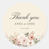 ありがとう!エレガントでベージュでパステルな花、ウェディングドレスね ラウンドシール (正面)