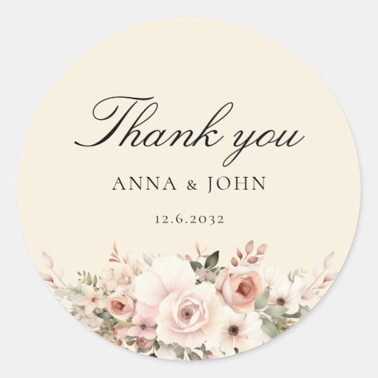 ありがとう!エレガントでベージュでパステルな花、ウェディングドレスね ラウンドシール (正面)