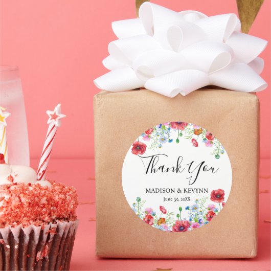 ありがとう タイポグラフィ パステル 草原 野の花 ラウンドシール (パーティー)