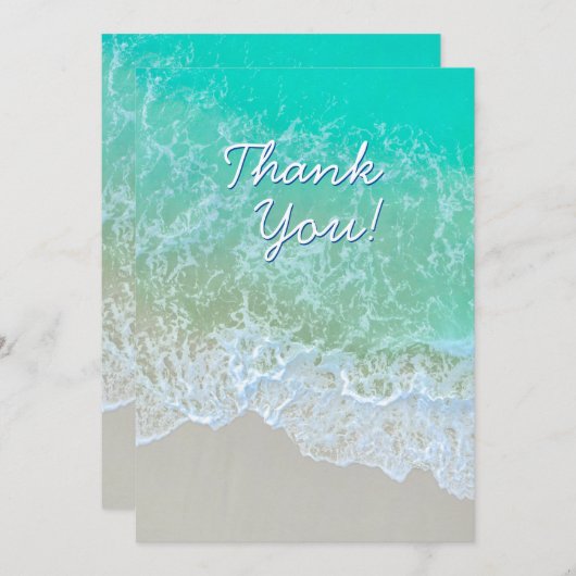 ありがとう、パーソナライズされたメッセージ、ティール（緑がかった色）ビーチ波 サンキューカード (正面/裏面)