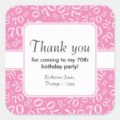 ありがとう：ピンク/ホワイト70誕生日番号模様 スクエアシール (正面)