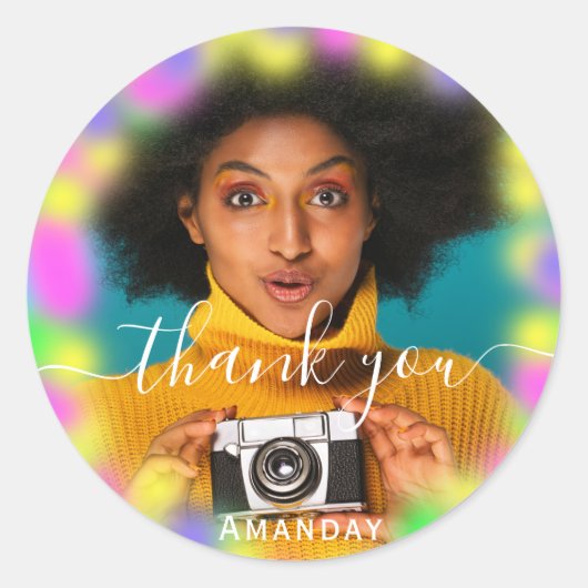 ありがとう フォト ネオン ピンク パーティー ホログラフィック 卒業 ラウンドシール (正面)