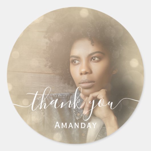 ありがとう フォト ピンク バースデー パーティー ガーリー セピア ラウンドシール (正面)