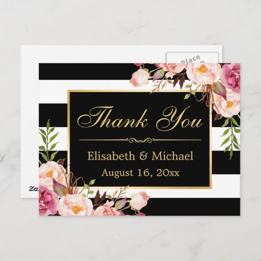 ありがとう – フローラ白黒ストライプ金ゴールドフレーム ポストカード (正面/裏面)
