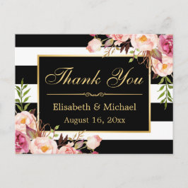 ありがとう – フローラ白黒ストライプ金ゴールドフレーム ポストカード