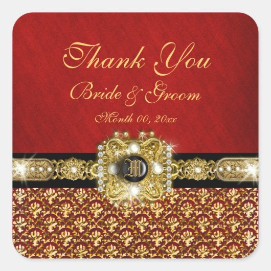 "ありがとう"ブラック赤金ゴールドダマスク スクエアシール (正面)