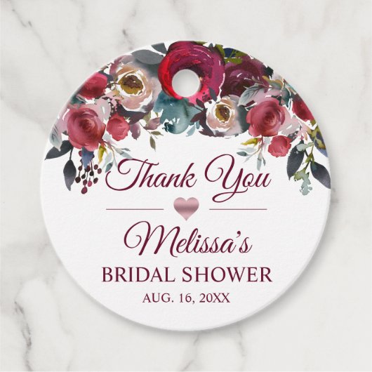 ありがとう ワインレッドの花の水彩画 ブライダルシャワー フェイバータグ (正面)