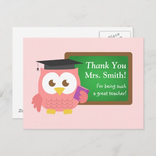ありがとう、先生感謝の日、かわいいピンクのフクロウ ポストカード (正面/裏面)
