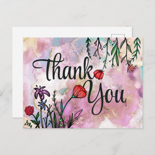ありがとう 可愛い ワイルドフラワー 水彩 マーブル クラウド ポストカード (正面/裏面)