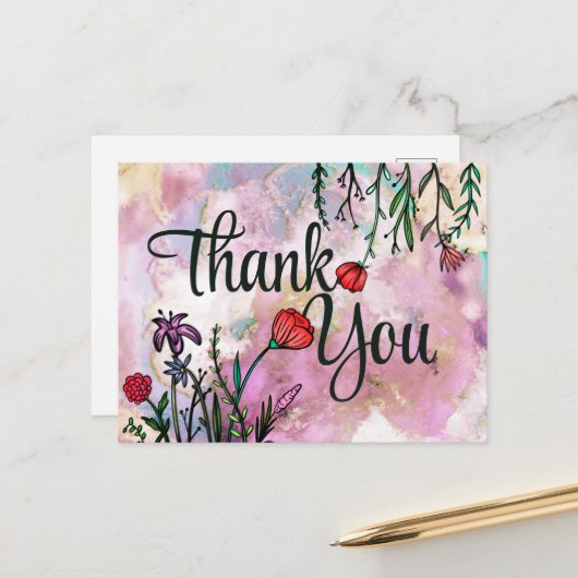 ありがとう 可愛い ワイルドフラワー 水彩 マーブル クラウド ポストカード (正面/裏面インサイチュ)