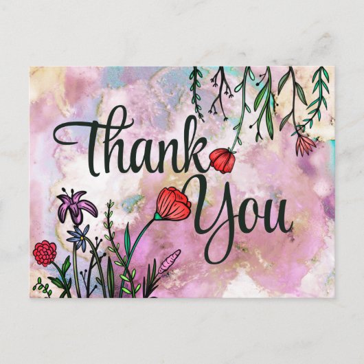 ありがとう 可愛い ワイルドフラワー 水彩 マーブル クラウド ポストカード (正面)