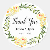 ありがとう、名前と日付黄色W/C花結婚の ラウンドシール (正面)