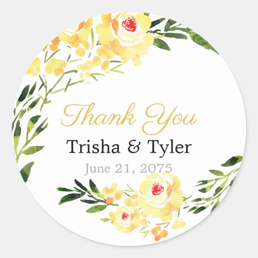 ありがとう、名前と日付黄色W/C花結婚の ラウンドシール (正面)