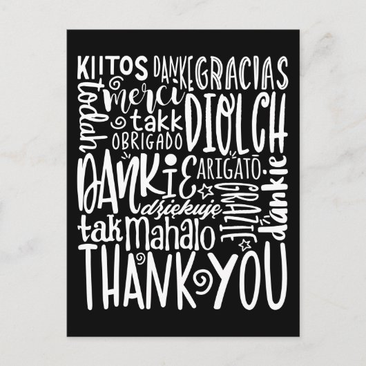 ありがとう(多言語) 白いタイポグラフィー 黒 ポストカード (正面)