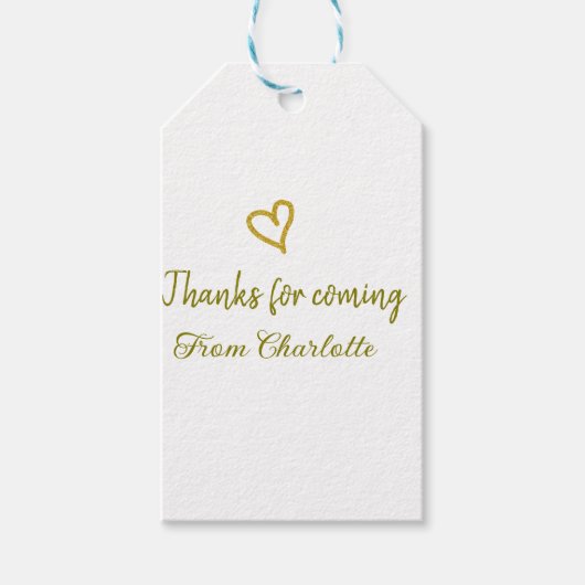 ありがとう、来てくれて　名前　テキストメッセージ　ゴールドハート ギフトタグ (正面)