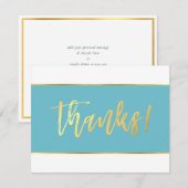 ありがとう 現代的なターコイズブルー ゴールドの手書きサマンサ サンキューカード (正面/裏面)