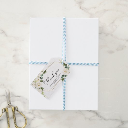 ありがとう – 白い花緑の幾何学的ギフト ギフトタグ (より糸つき)