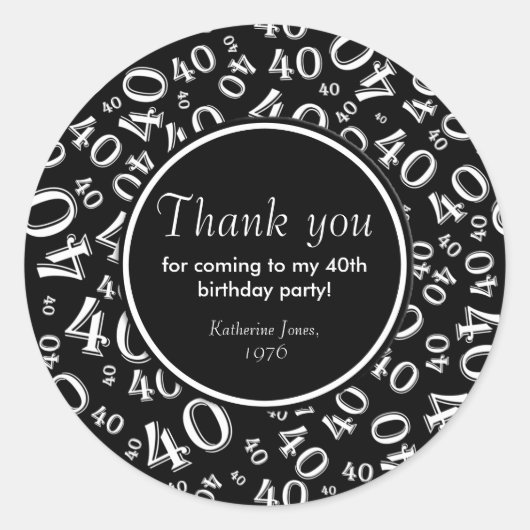 ありがとう:白黒40歳の誕生日パーティー ラウンドシール (正面)