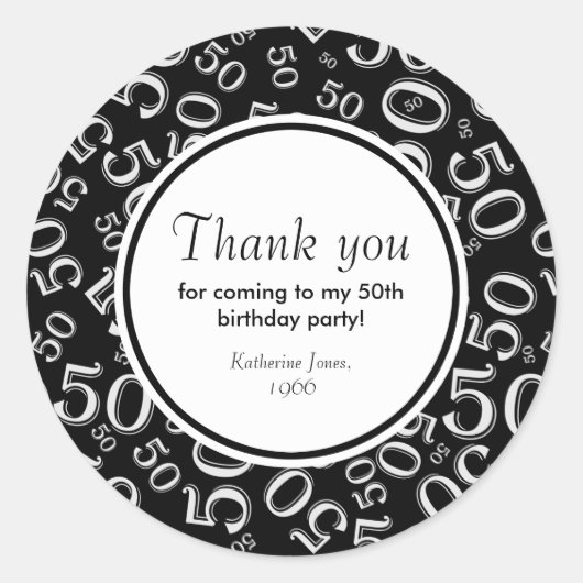 ありがとう：白黒50歳の誕生日パーティー ラウンドシール (正面)