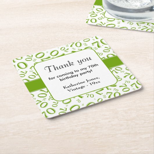ありがとう:緑/白70番目の乱数パターン スクエアペーパーコースター (アングル)