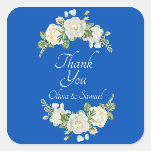 ありがとう 花嫁 花婿 名前 コバルトブルー & ホワイト スクエアシール (正面)