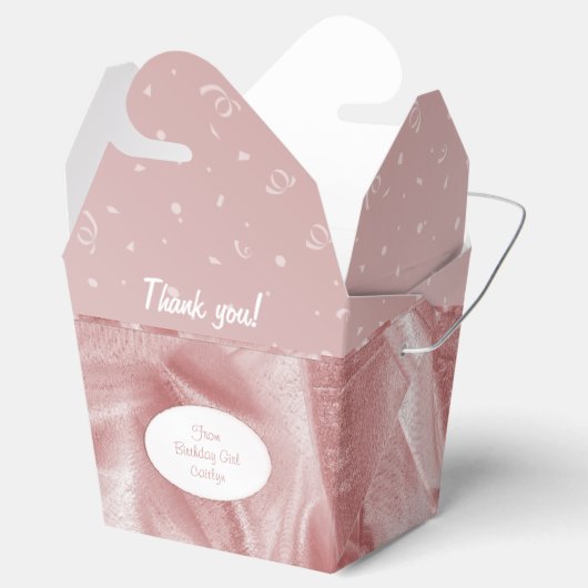 「ありがとう」誕生日ピンクのテクスチャ生地の外観 フェイバーボックス (オープン)
