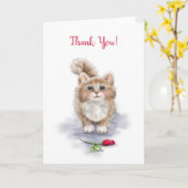 ありがとう、赤いバラをかぶった可愛い猫 カード (黄色い花)