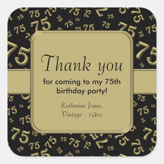 ありがとう：金ゴールドとブラック75th誕生日パーティー スクエアシール (正面)