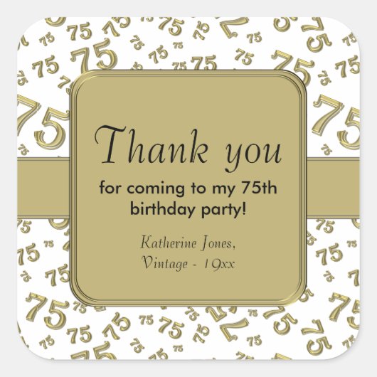 ありがとう:金ゴールドと白75th誕生日パーティー スクエアシール (正面)