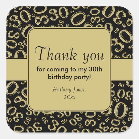 ありがとう：金ゴールド/ブラック30th誕生日パターン スクエアシール (正面)