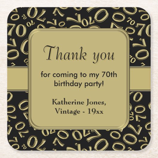ありがとう:金ゴールド/ブラック70番目の乱数パターン スクエアペーパーコースター (正面)