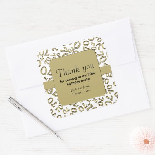 ありがとう：金ゴールド/白70番誕生日番号パターン スクエアシール (封筒)