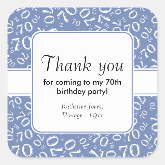 ありがとう:青/白70番目の誕生日番号パターン スクエアシール (正面)