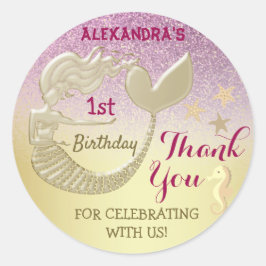 ありがとう 1歳の誕生日 マーメイド ピンクとゴールド ラウンドシール